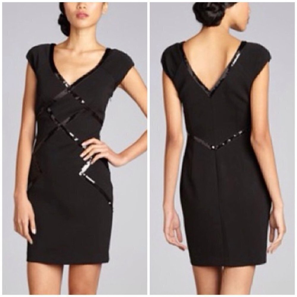 Laundry by Shelli Segal Sz 4 Black Sequin V Neck Formal Sheath Dress